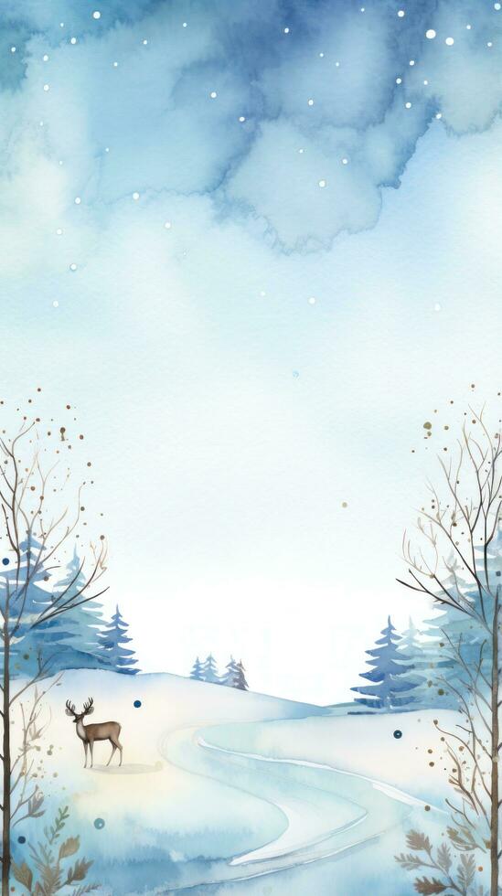 Rustic winter scene with a watercolor border and snowflakes photo