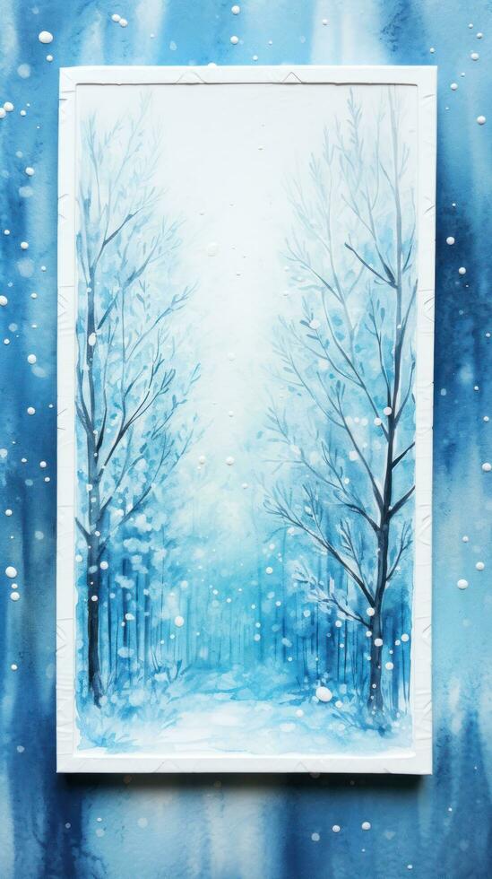 Snowy trees with a blue watercolor background and a frame photo