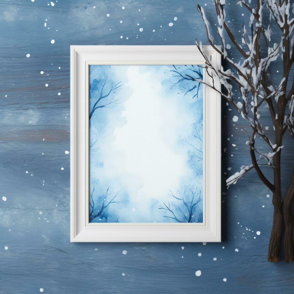 Snowy trees with a blue watercolor background and a frame photo