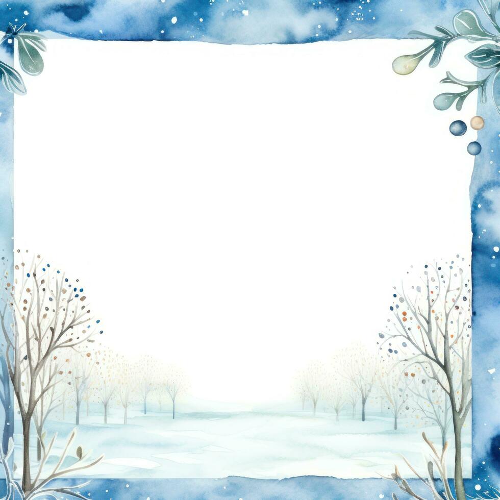 Whimsical winter scene with hand-drawn trees and a watercolor frame. photo