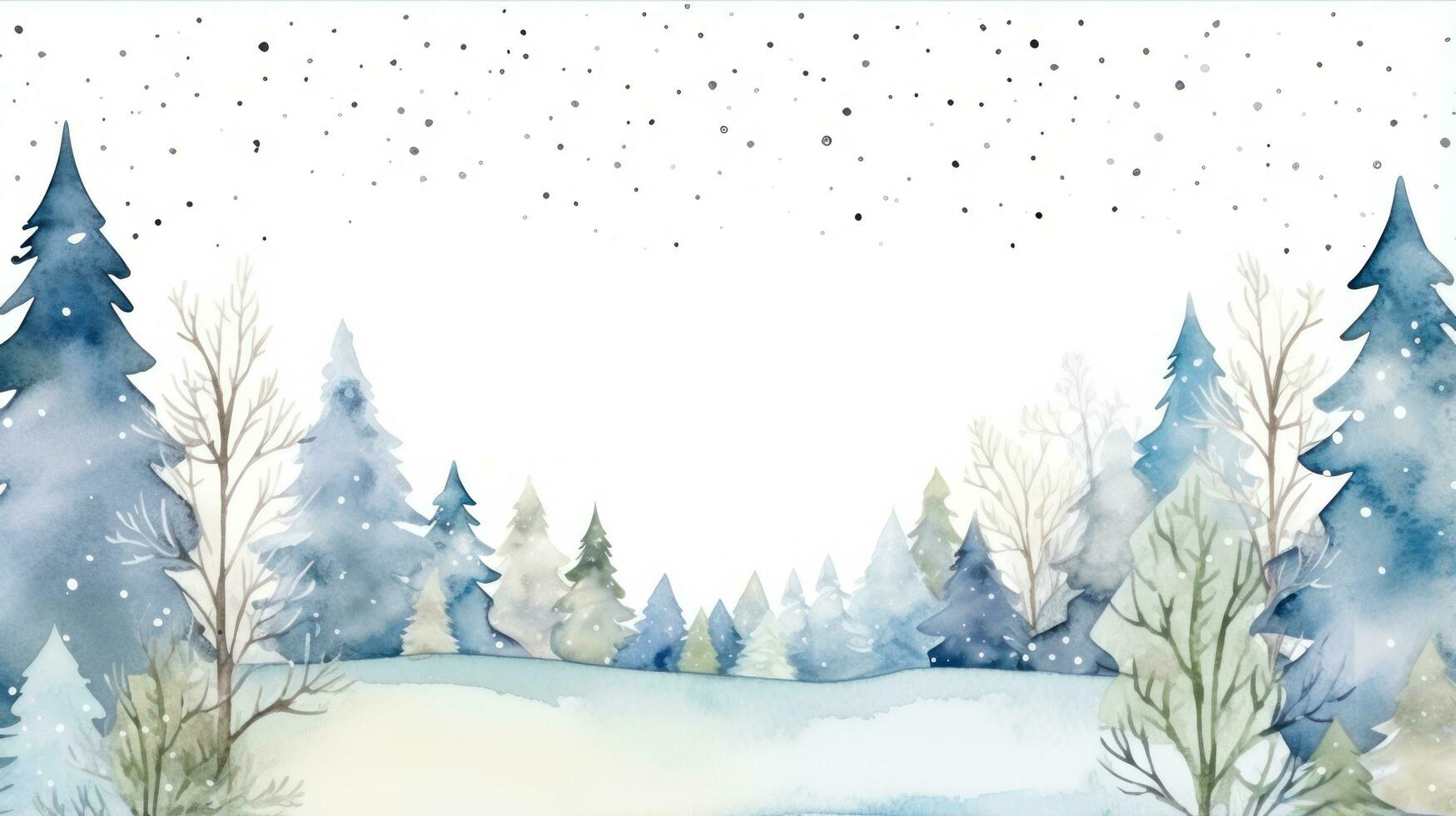 Whimsical winter scene with hand-drawn trees and a watercolor frame. photo