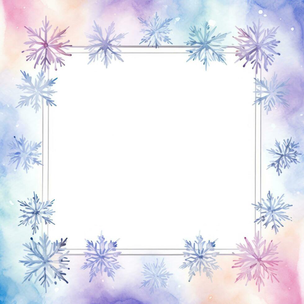 Pastel winter snowflakes with a watercolor border and wooden frame photo