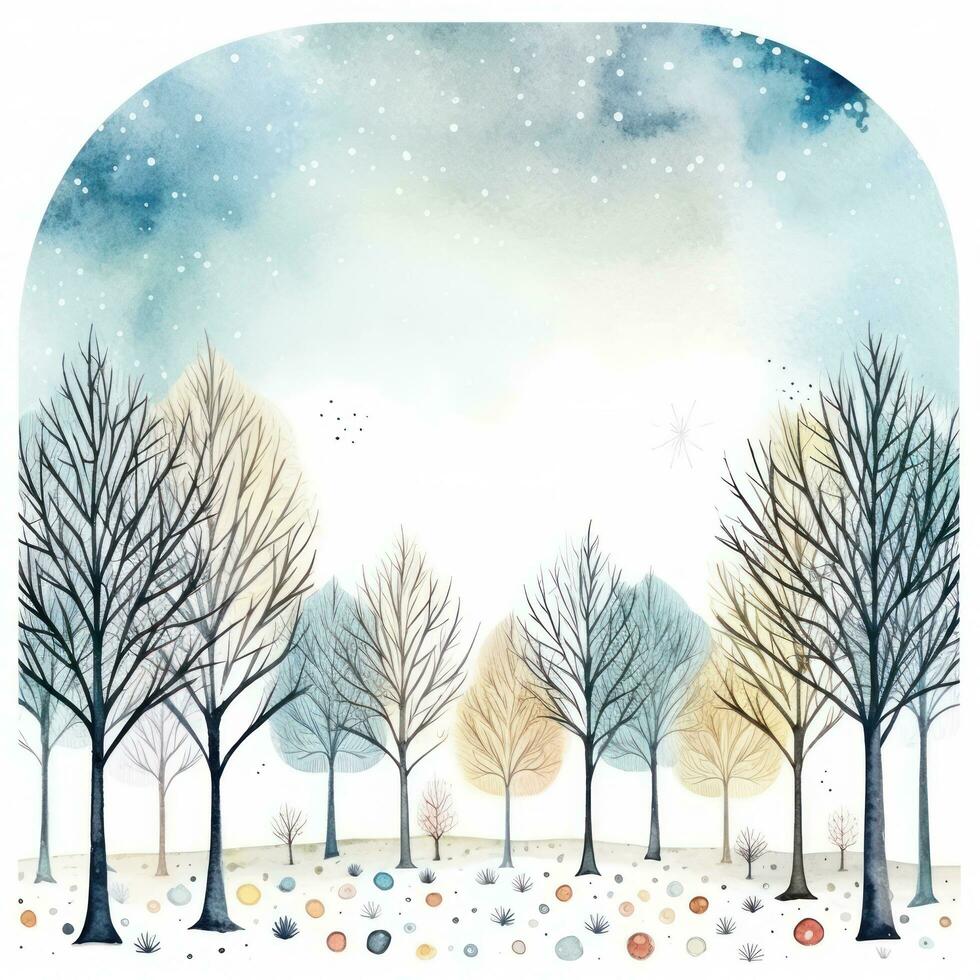 Whimsical winter scene with hand-drawn trees and a watercolor frame. photo