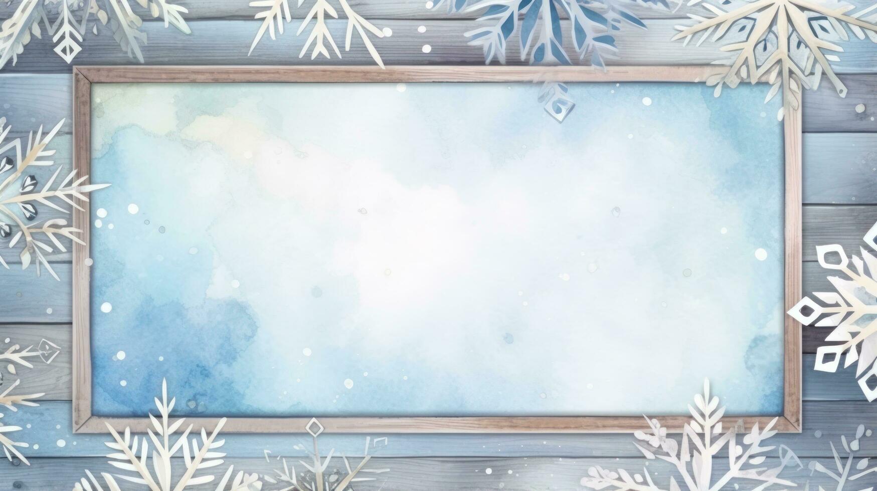 Pastel winter snowflakes with a watercolor border and wooden frame photo