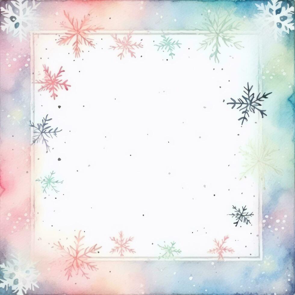 Pastel winter snowflakes with a watercolor border and wooden frame photo