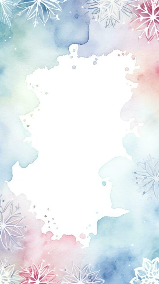 Pastel winter snowflakes with a watercolor border and wooden frame photo