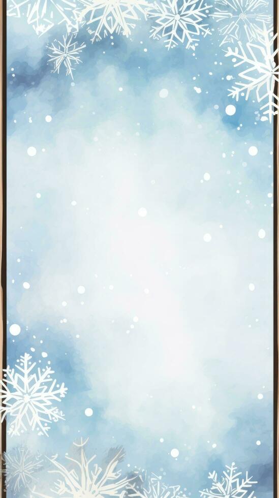 Pastel winter snowflakes with a watercolor border and wooden frame photo