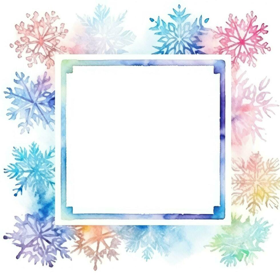 Pastel winter snowflakes with a watercolor border and wooden frame photo