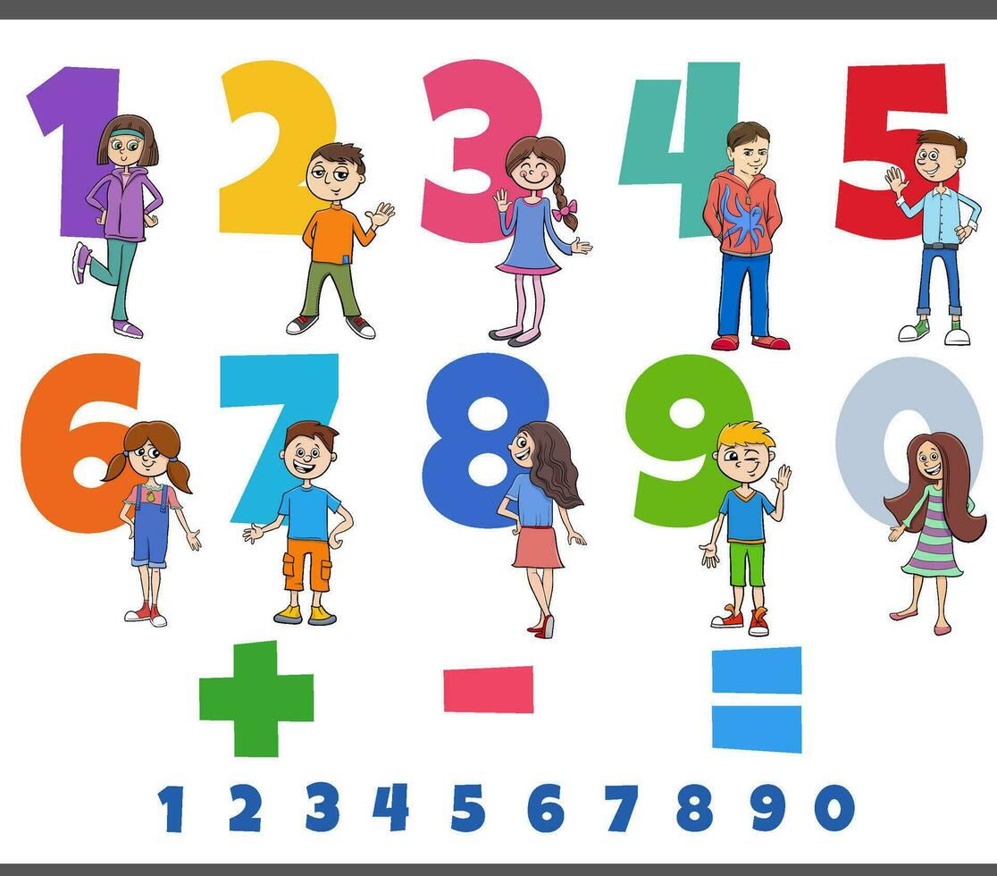 educational numbers set with children and teen characters vector