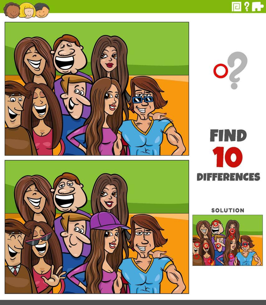 differences game with cartoon young people characters vector