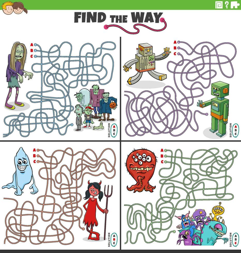 maze activities set with cartoon fantasy characters vector