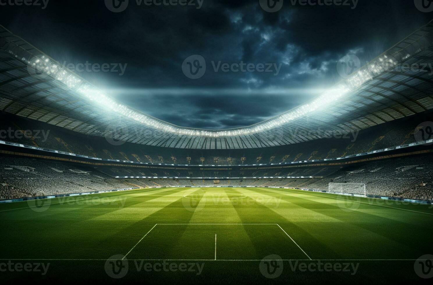 Photo of a soccer stadium at night with stadium light. The stadium was made in 3d without using existing references