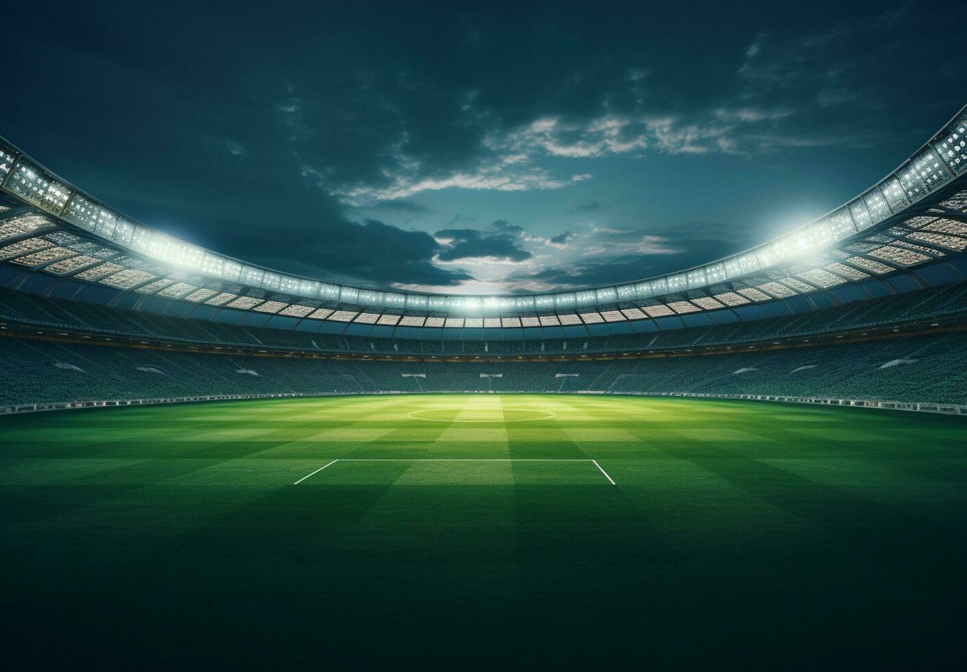 Photo of a soccer stadium at night with stadium light. The stadium was made in 3d without using existing references