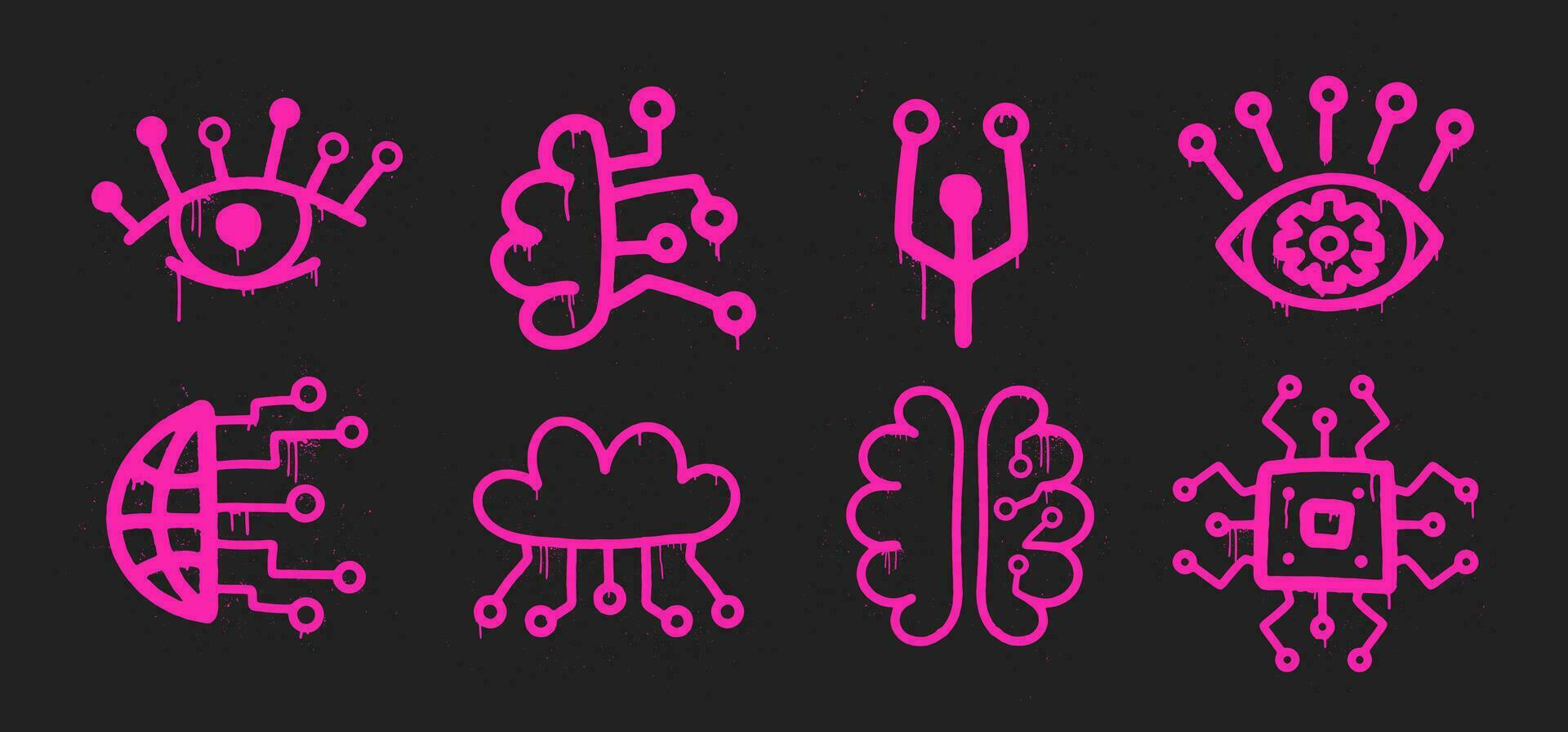 AI Pink Graffiti Set. Artificial Intelligence in Urban Street Style. Trendy Y2K clipart. Splash effects and drops. Grunge and spray texture. vector