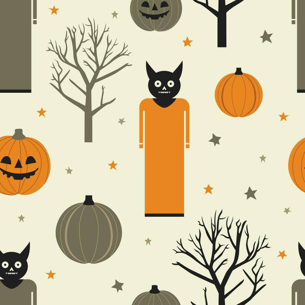 Transform your Halloween projects with pumpkin, cat, and tree pattern design. Ideal for spooky, festive creations. vector