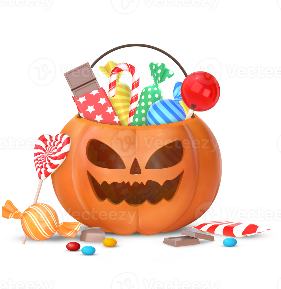 Trick Or Treat 3D Rendering Halloween Pumpkin Candy Bag With Candies png