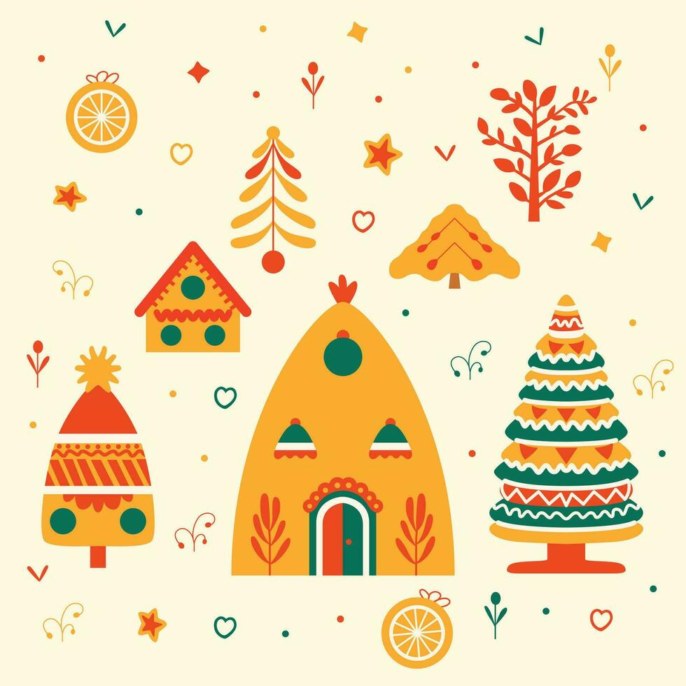 Elevate your Christmas designs with vector set Christmas tree, house, and floral elements. Perfect for festive creativity.