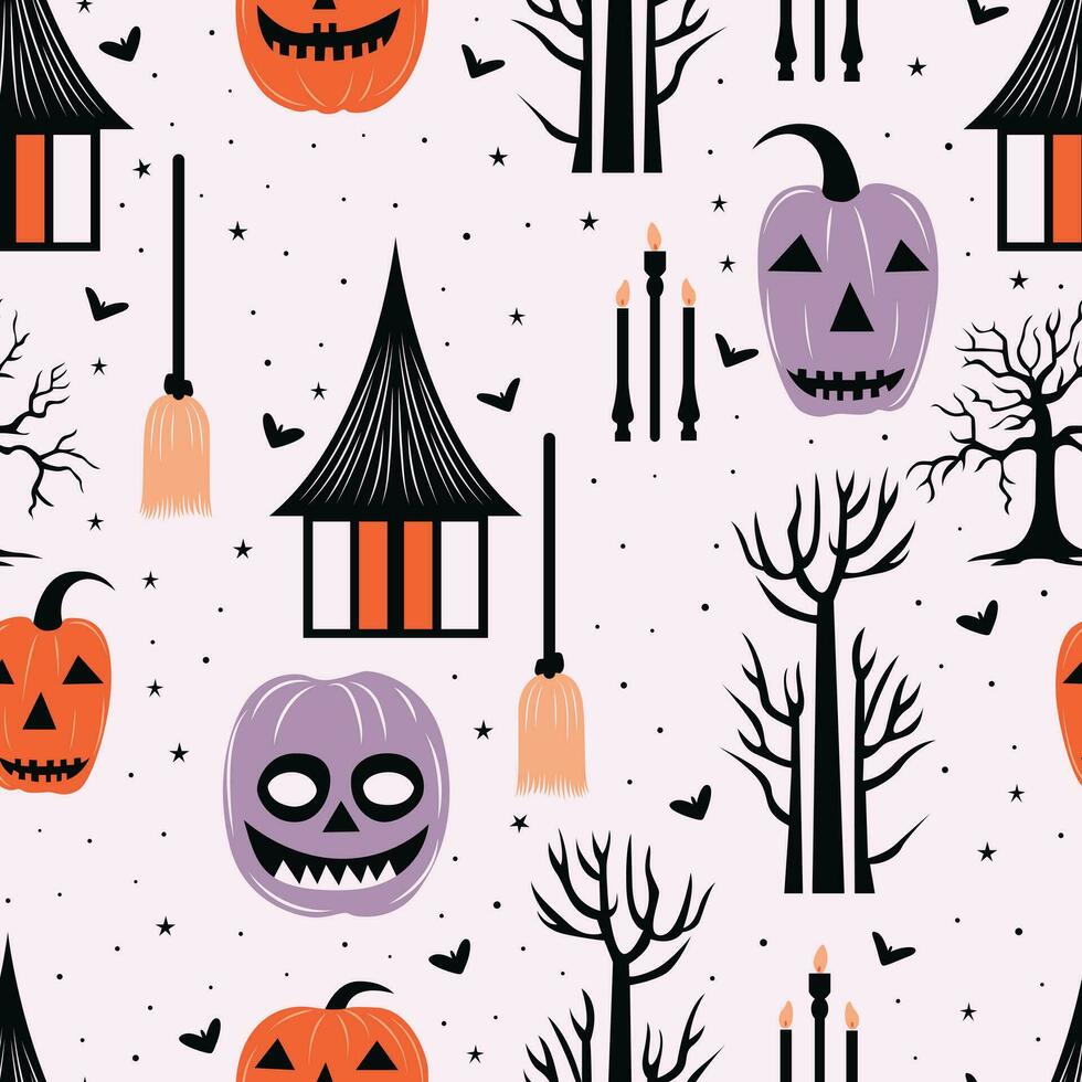Elevate your Halloween creativity with pumpkin, bat, and tree pattern design. Perfect for spooky, festive projects. vector