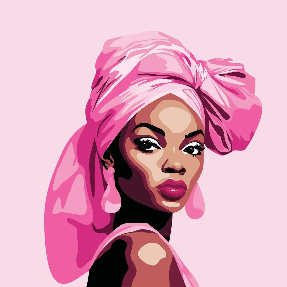 Modern, chic illustration of a confident black woman in vibrant pink hues, exuding elegance and style. vector