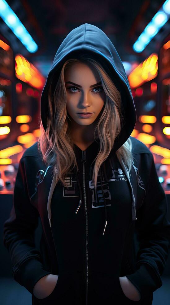 Young girl wearing black hoodie with cyberpunk style. Generative AI ...
