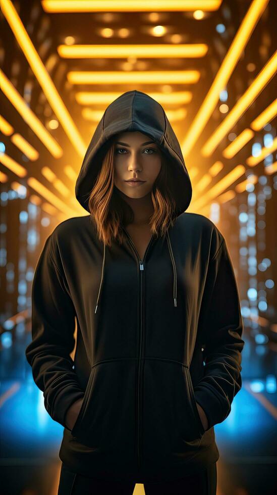 Young girl wearing black hoodie with cyberpunk style. Generative AI photo