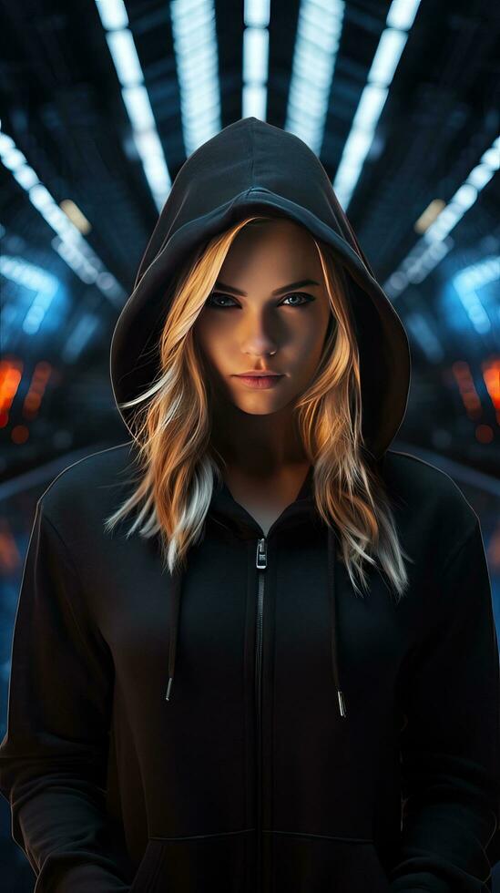 Young girl wearing black hoodie with cyberpunk style. Generative AI photo