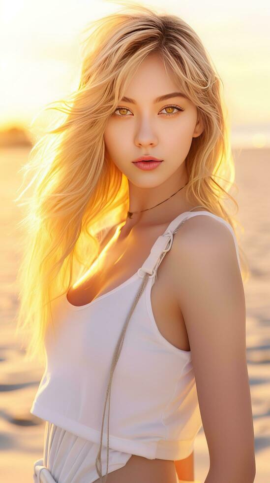 Young and pretty blonde girl portrait in the beach. Generative AI photo