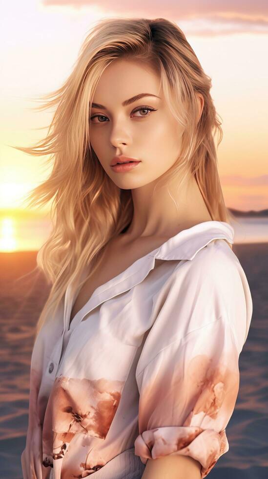 Young and pretty blonde girl portrait in the beach. Generative AI photo
