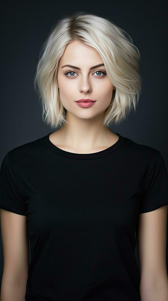 Beautiful blonde girl with a short hair. Generative AI photo