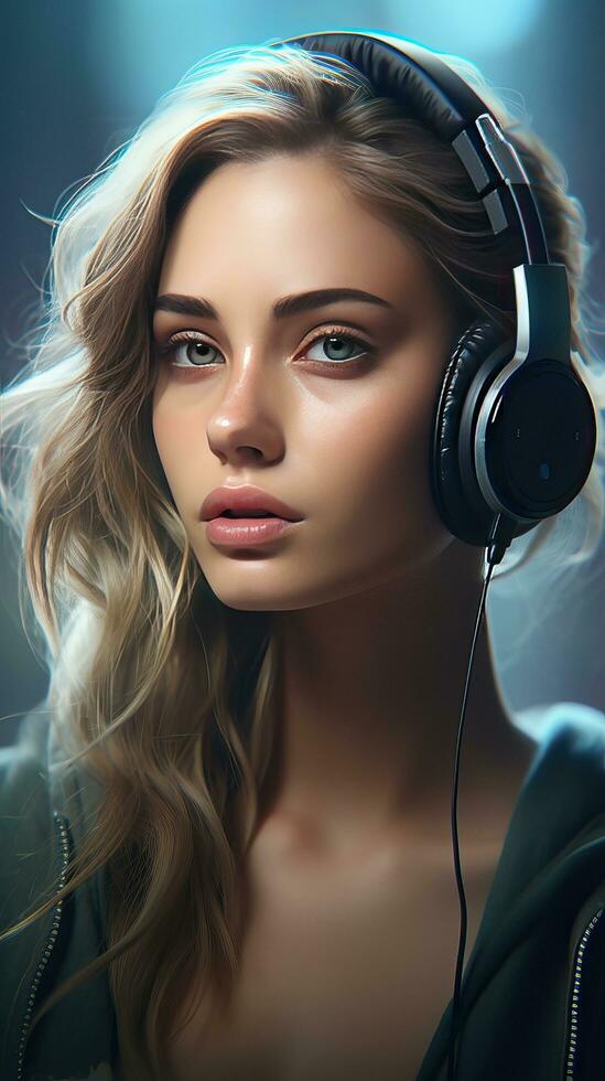 Beautiful girl wearing headset. Generative AI photo