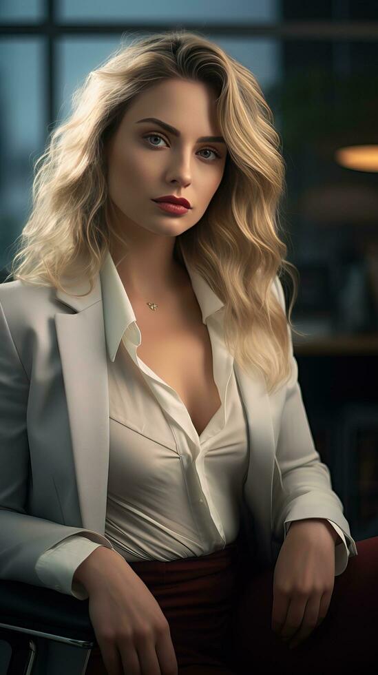 Portrait of a beautiful business woman in the office. Generative AI photo