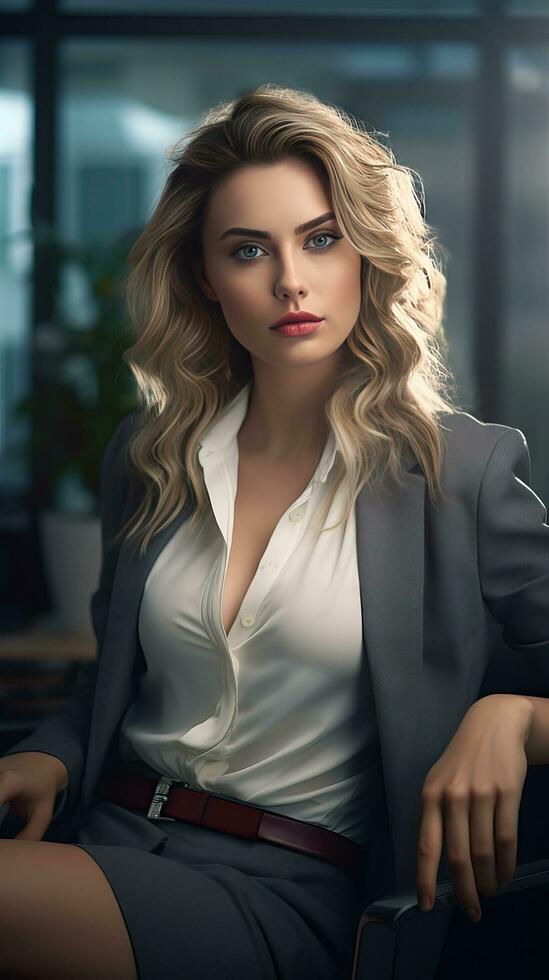 Portrait of a beautiful business woman in the office. Generative AI photo