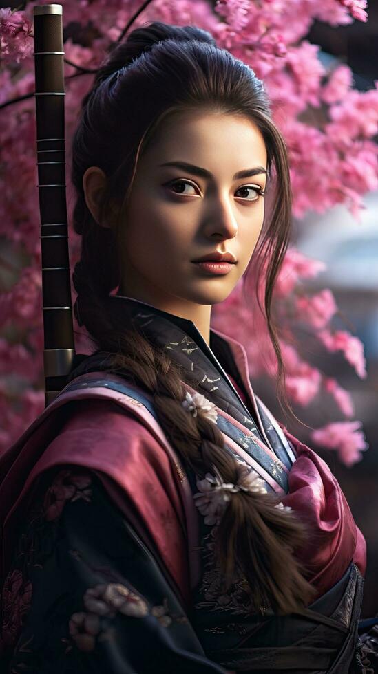 Beautiful samurai woman. Generative AI photo