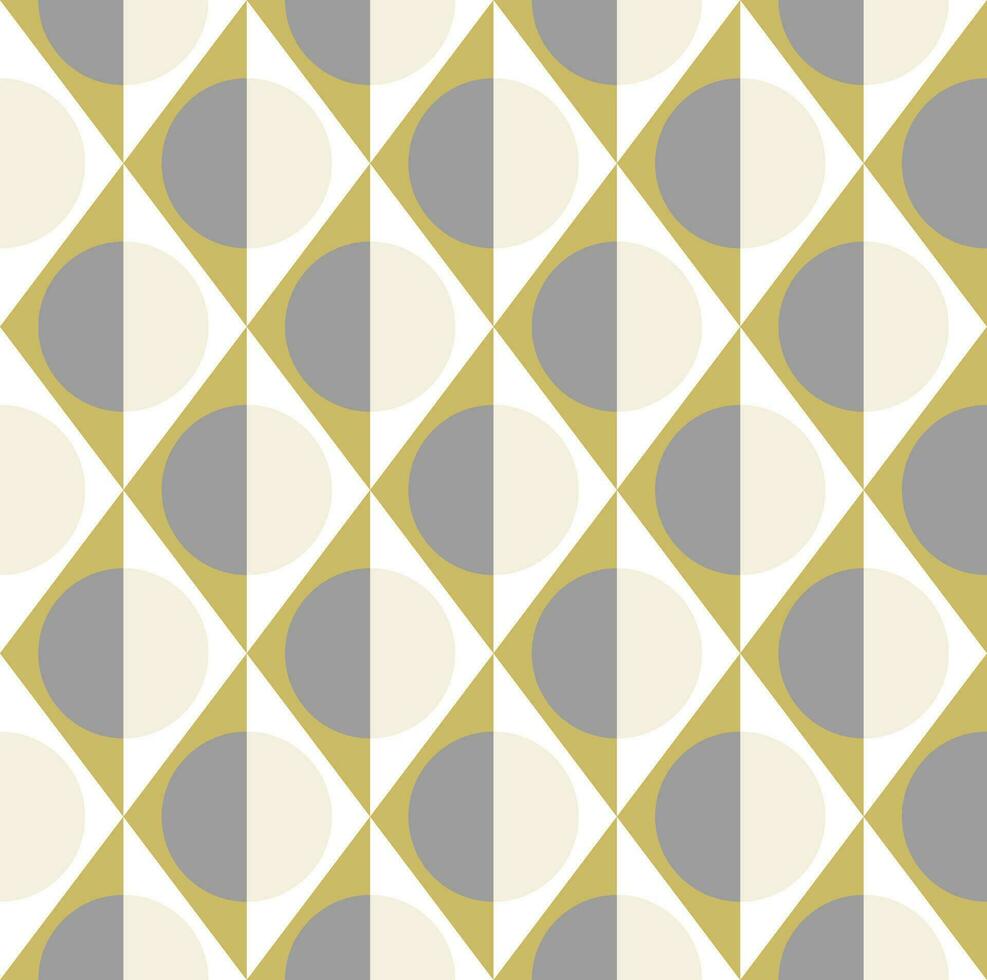 Simple geometric seamless pattern of rhombuses, triangles and circles in grey, gold and white colors. Vector illustration for fashion design, wallpaper, textile, fabric, wrapping paper