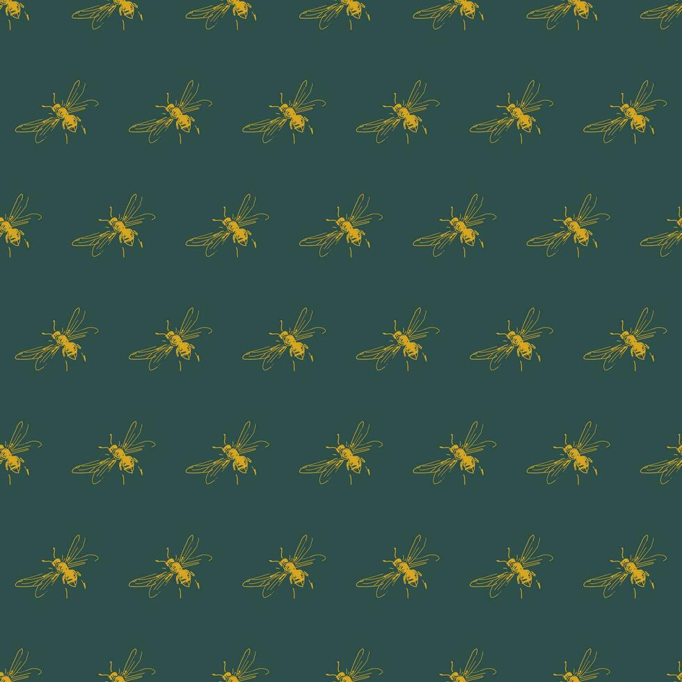 Simple seamless pattern of freehand sketch of flying bees, drawn and digitized, in two colors. Vector illustration for fashion, package design, wallpaper, textile, fabric, wrapping paper