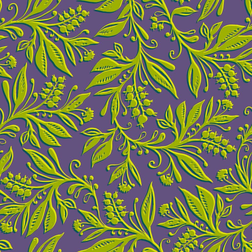 Floral seamless pattern with leaves and berries in chartreuse green and violet colors. Hand drawn and digitized. Design for wallpapers, textiles, fabrics vector