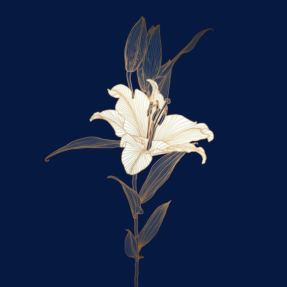 Golden metallic lily flower linear drawing with white flower head on deep blue. Design for print, poster, cover, banner, fabric, invitation, postcard and packaging. vector