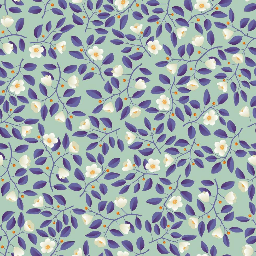 Floral background - seamless pattern, branches with purple leaves and light cream flowers on pistachio. Vector illustration, design for wallpaper, textile, fabric, wrapping