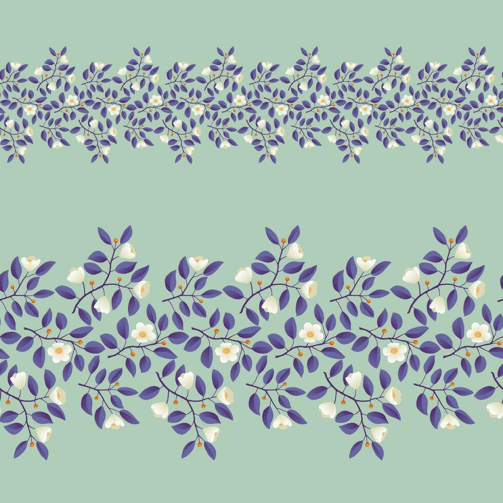 Floral border, branches with purple leaves and light cream flowers on pistachio background. Vector illustration, design for poster, banner, invitation, book, fashion fabric, wrapping.