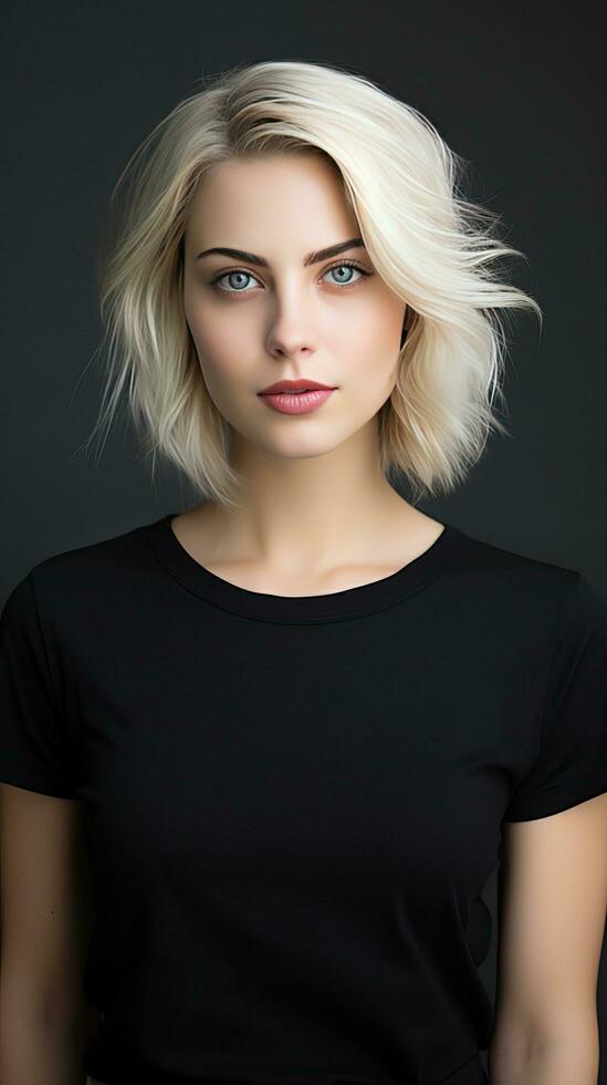 Beautiful blonde girl with a short hair. Generative AI photo