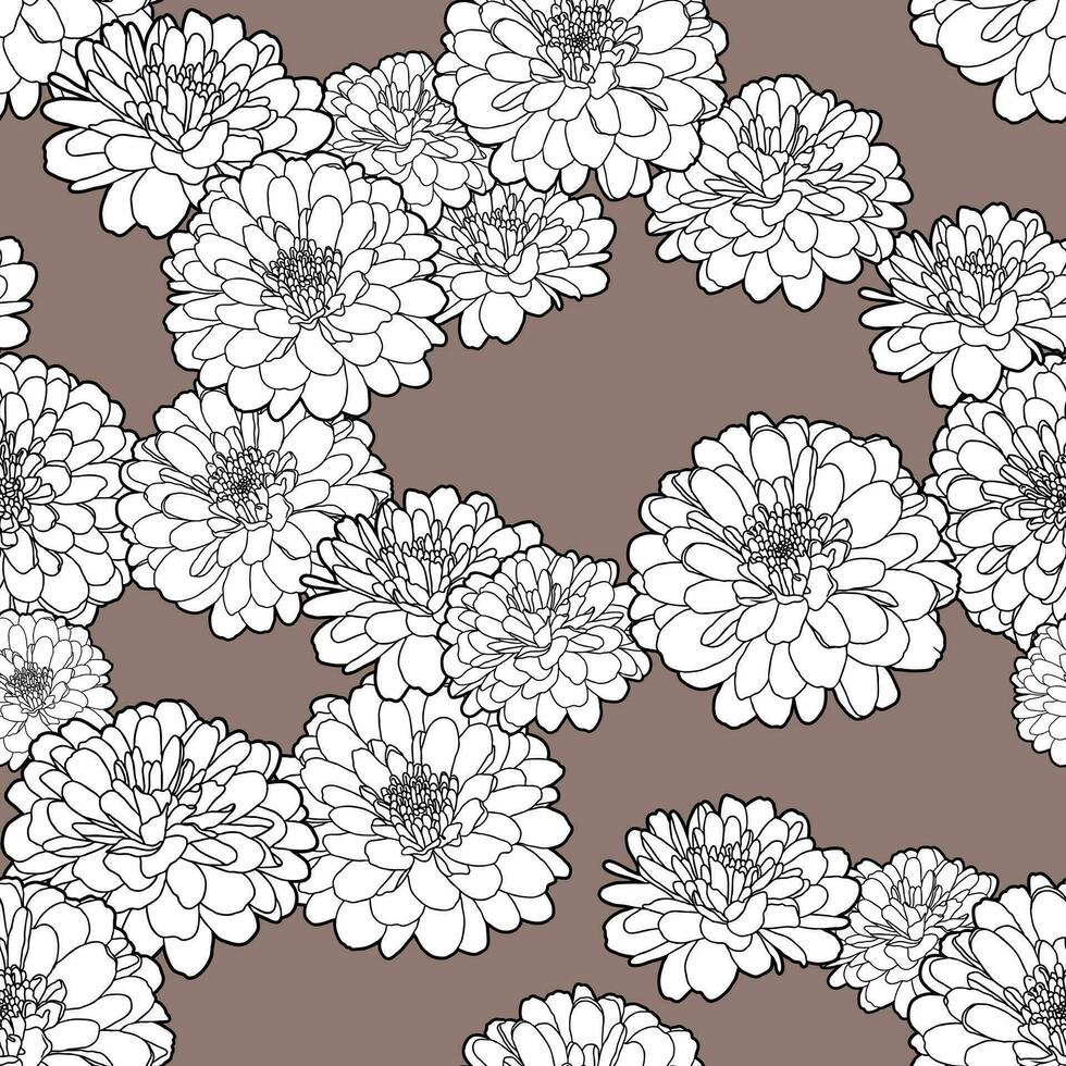 Seamless repeating pattern with hand drawn chrysanthemum flowers in black and white on taupe color background. Decorative print for wallpaper, wrapping, textile, fabric vector