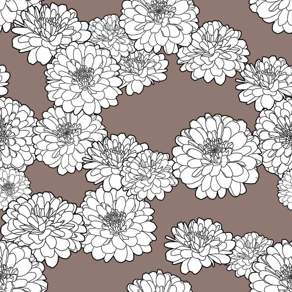 sin costura repitiendo modelo con mano dibujado crisantemo flores en negro y blanco en gris pardo color antecedentes. decorativo impresión para fondo de pantalla, envase, textil, tela vector