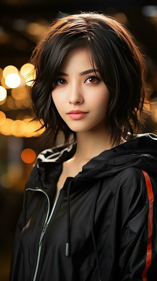 hermosa asiático adolescente con corto pelo y negro chaqueta foto