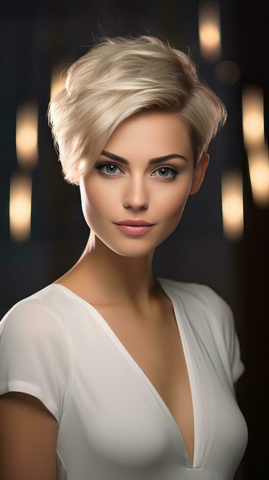 Portrait of a beautiful woman with short hair. Generative AI photo