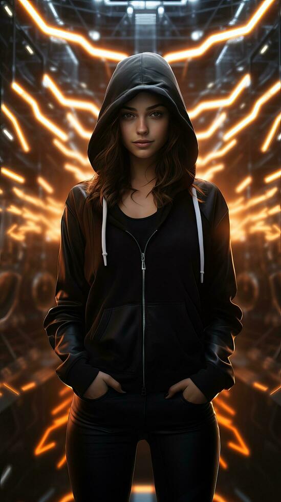 Young girl wearing black hoodie with cyberpunk style. Generative AI photo