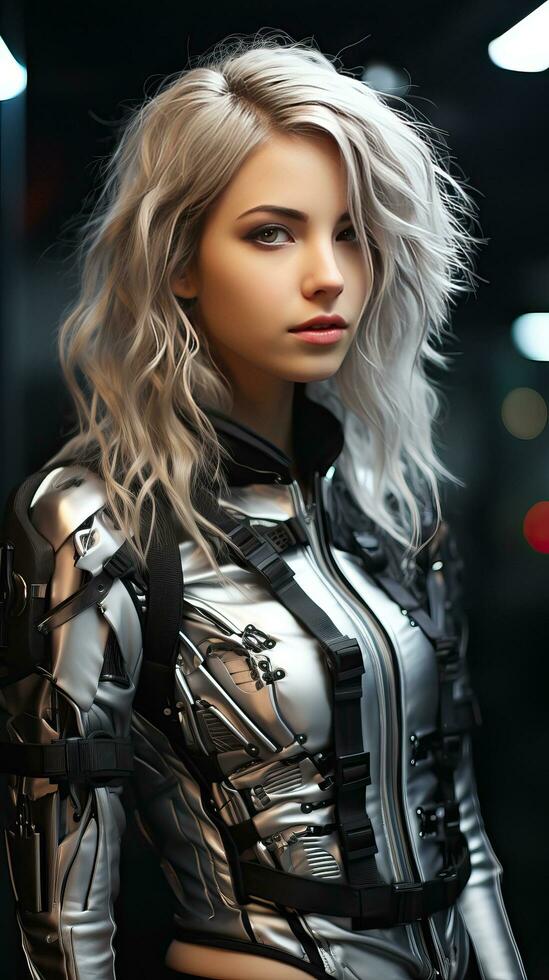 Beautiful young girl wearing grey space suit photo