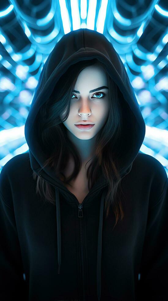 Young girl wearing black hoodie with cyberpunk style. Generative AI photo