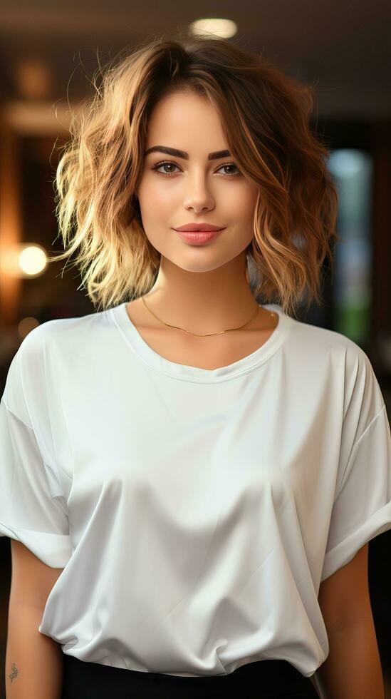 Beautiful woman wearing plain white t-shirt photo