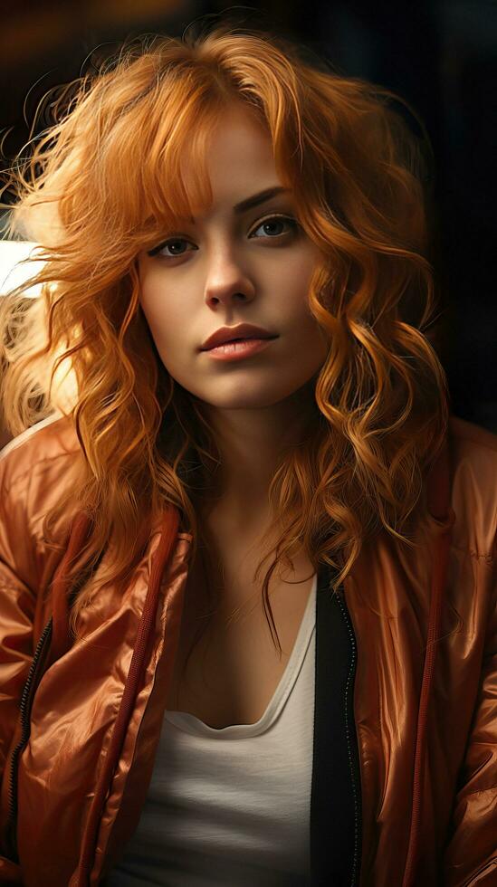 bonito rojo cabeza mujer con naranja chaqueta foto