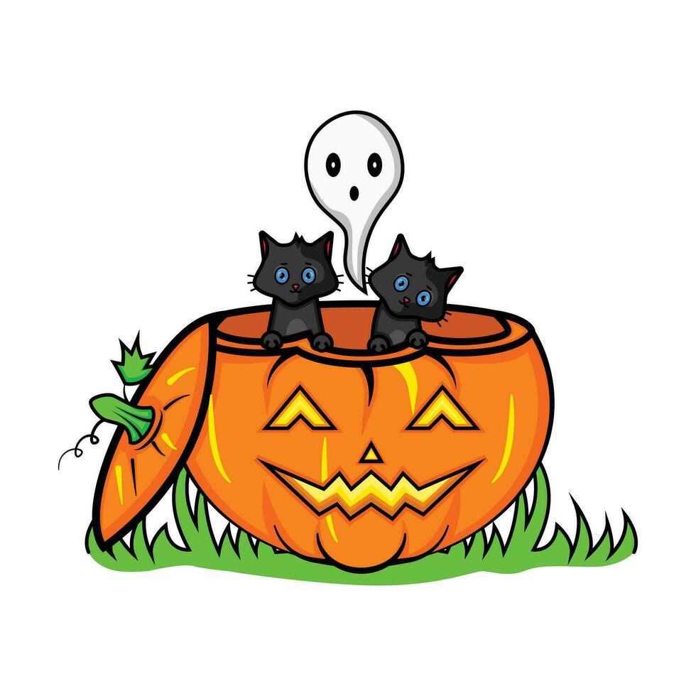 mano dibujado dos negro linda gatos ocultación dentro un grande calabaza, Víspera de Todos los Santos divertido, dibujos animados y divertido, de miedo caracteres, grande naranja calabazas y blanco escalofriante fantasma vector